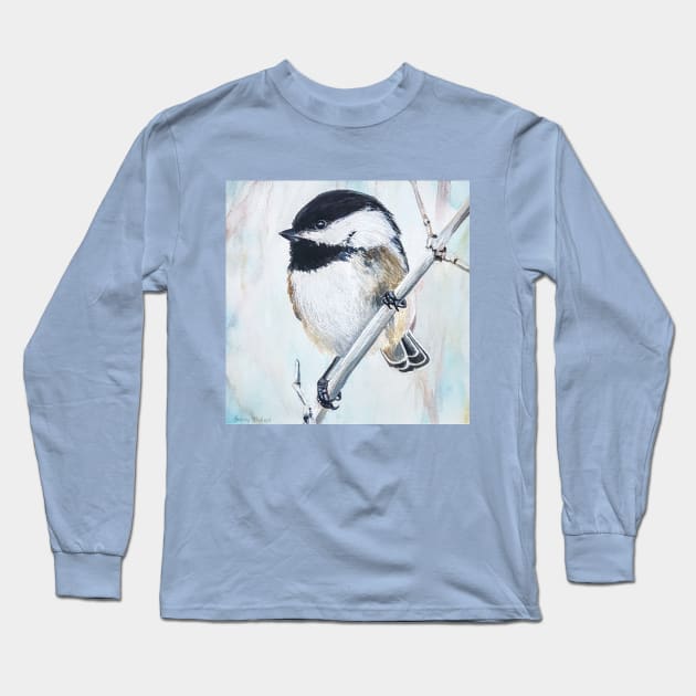 Chickadee on a Cold Spring Day painting Long Sleeve T-Shirt by EmilyBickell